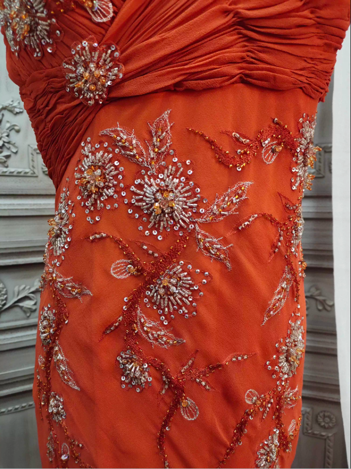 Elegant Orange Mermaid Spaghetti Strap Beaded Chiffon Long Prom Dress Evening Dress