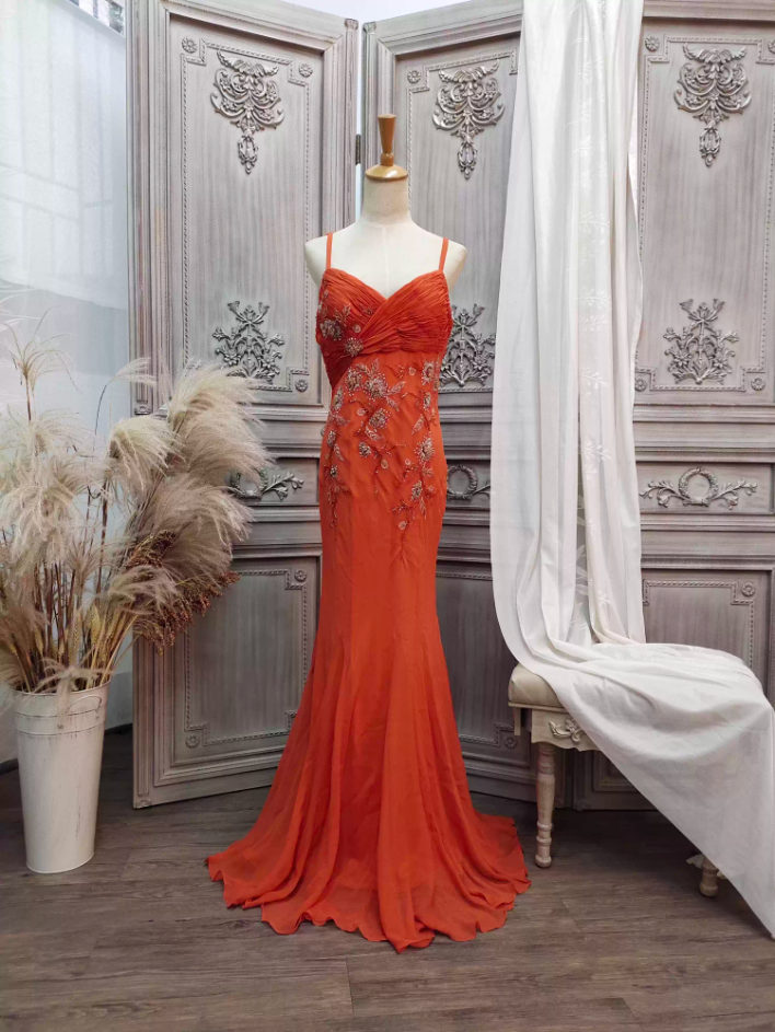 Elegant Orange Mermaid Spaghetti Strap Beaded Chiffon Long Prom Dress Evening Dress Main image