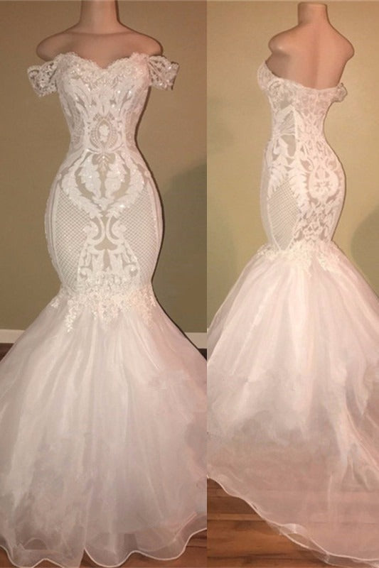 Elegant Organza Off-The-Shoulder Mermaid Wedding Dress Sequins Long Lace Main image