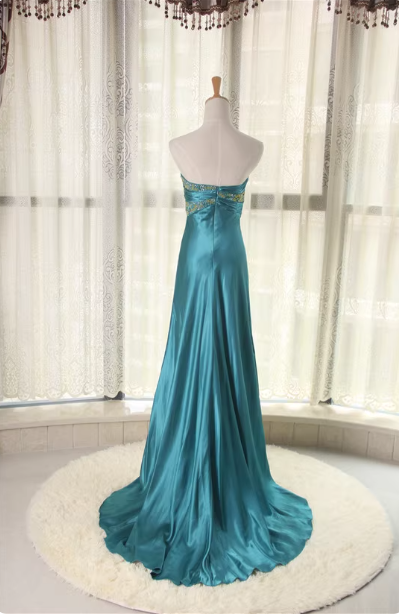 Elegant Peacock Blue Sweetheart Neck Embroidered Satin High-Low Hem Prom Dress Evening Dress Secondary image