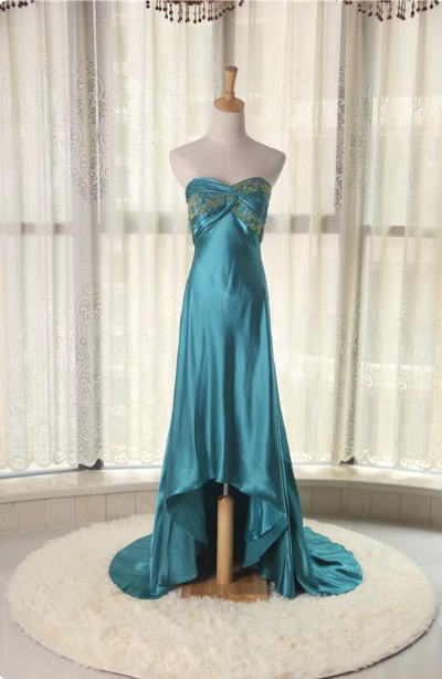 Elegant Peacock Blue Sweetheart Neck Embroidered Satin High-Low Hem Prom Dress Evening Dress Main image