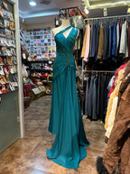 Elegant Peacock Green One-Shoulder Pearl Ribbon Satin Long Prom Dress Evening Gown