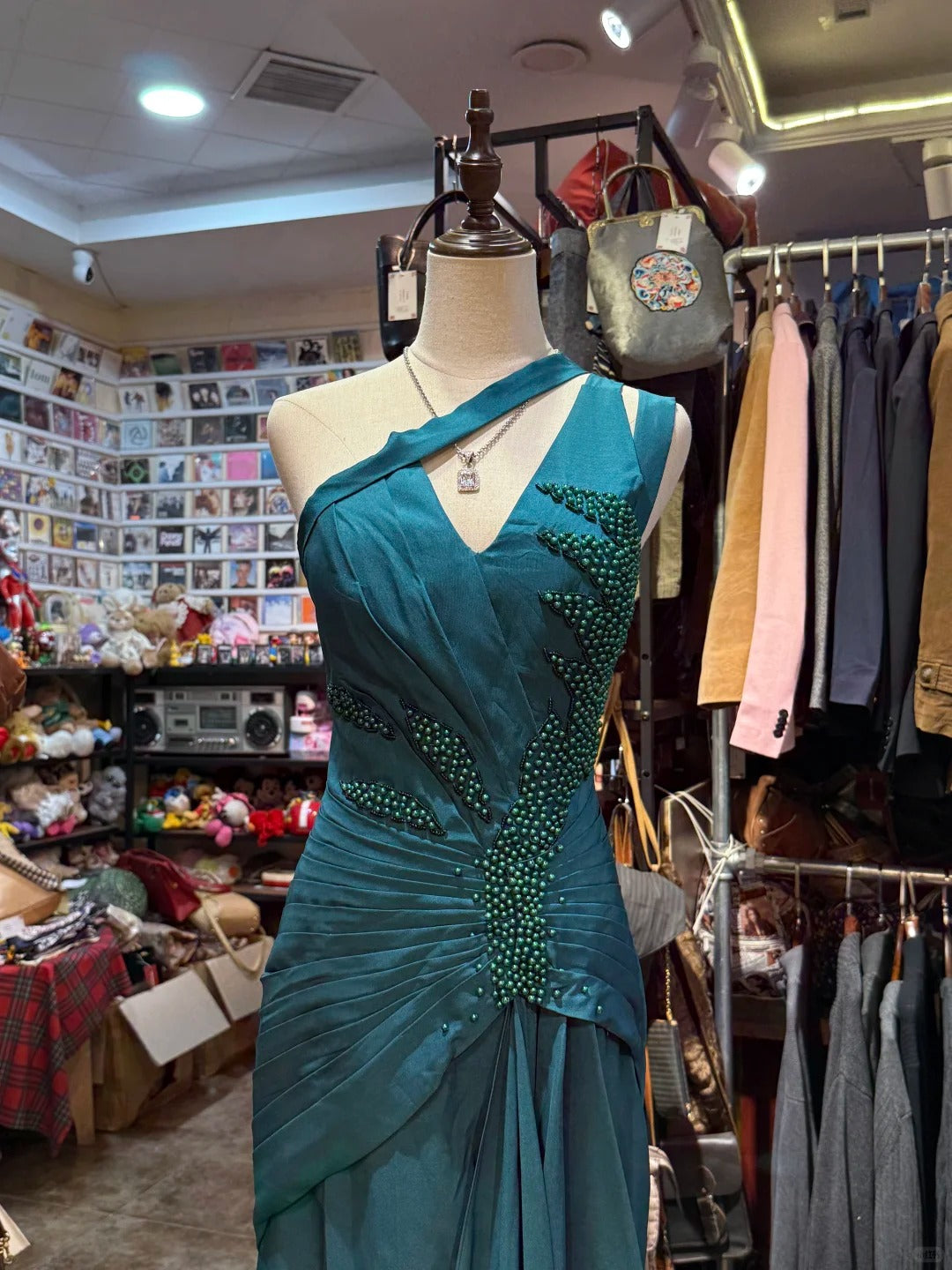 Elegant Peacock Green One-Shoulder Pearl Ribbon Satin Long Prom Dress Evening Gown