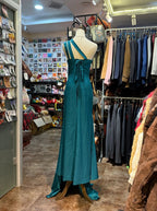 Elegant Peacock Green One-Shoulder Pearl Ribbon Satin Long Prom Dress Evening Gown