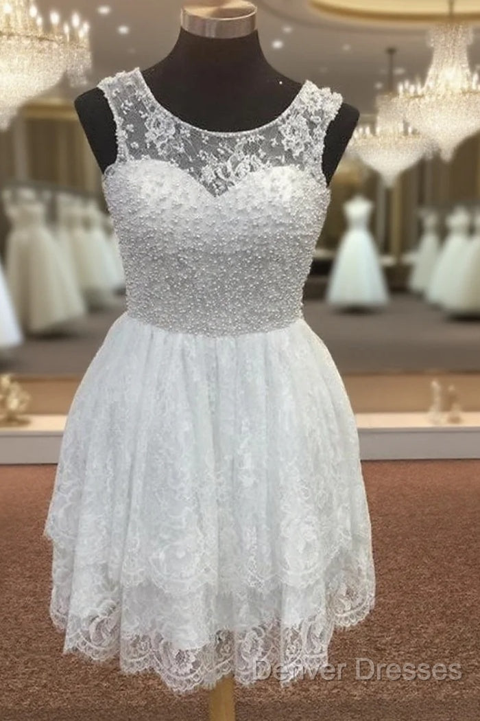 Elegant Pearl Beading White Lace Homecoming Dress Main image