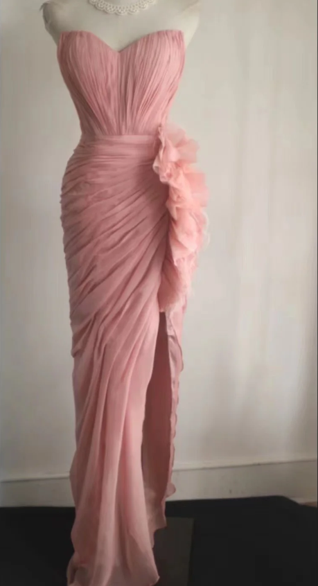 Elegant Pink 3D Floral Strapless High-Slit Chiffon Prom Dress Evening Dress Secondary image