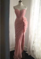 Elegant Pink 3D Floral Strapless High-Slit Chiffon Prom Dress Evening Dress