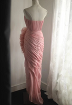 Elegant Pink 3D Floral Strapless High-Slit Chiffon Prom Dress Evening Dress
