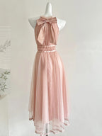 Elegant Pink A-Line Halter Neck Waist Tulle Long Prom Dress Evening Dress Bridesmaid Dress