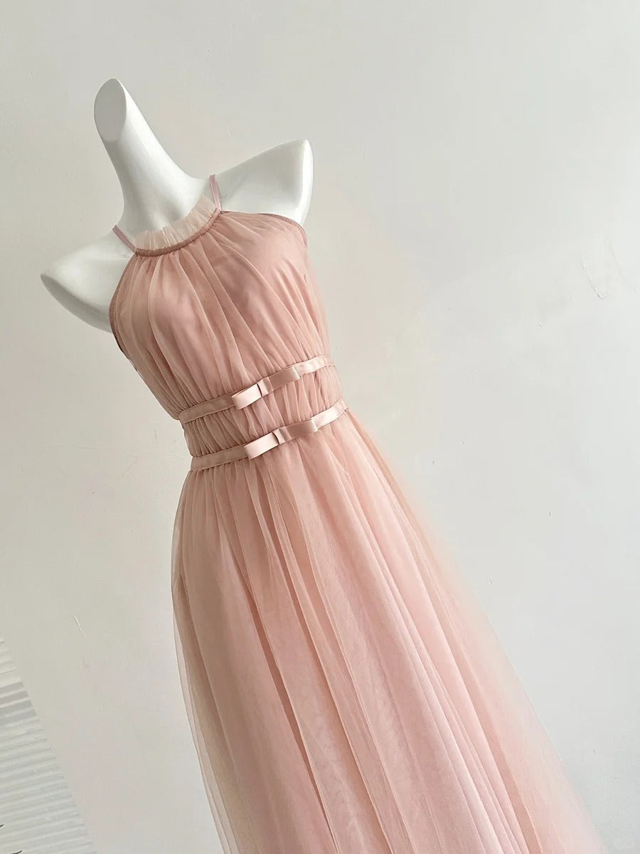 Elegant Pink A-Line Halter Neck Waist Tulle Long Prom Dress Evening Dress Bridesmaid Dress