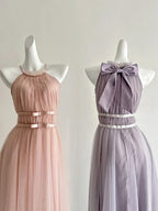 Elegant Pink A-Line Halter Neck Waist Tulle Long Prom Dress Evening Dress Bridesmaid Dress