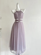 Elegant Pink A-Line Halter Neck Waist Tulle Long Prom Dress Evening Dress Bridesmaid Dress