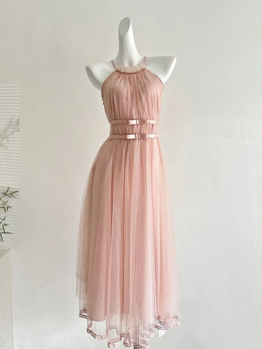 Elegant Pink A-Line Halter Neck Waist Tulle Long Prom Dress Evening Dress Bridesmaid Dress Main image
