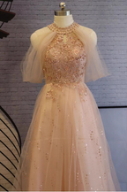 Elegant Pink A-Line Halter Tulle Long Prom Dress Evening Dress