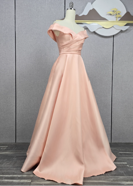 Elegant Pink A-Line Off-The-Shoulder Satin Long Prom Dress Evening Dress Bridesmaid Dress Secondary image