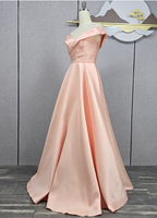 Elegant Pink A-Line Off-The-Shoulder Satin Long Prom Dress Evening Dress Bridesmaid Dress