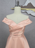 Elegant Pink A-Line Off-The-Shoulder Satin Long Prom Dress Evening Dress Bridesmaid Dress