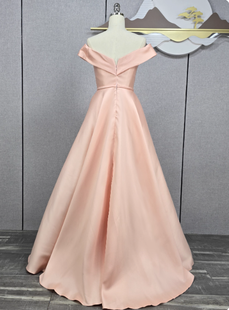 Elegant Pink A-Line Off-The-Shoulder Satin Long Prom Dress Evening Dress Bridesmaid Dress