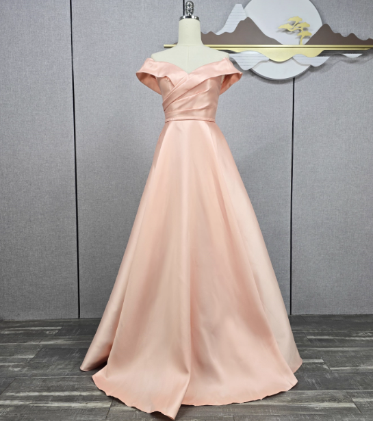 Elegant Pink A-Line Off-The-Shoulder Satin Long Prom Dress Evening Dress Bridesmaid Dress