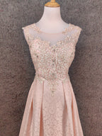 Elegant Pink A-Line Sleeveless Crew Neck Lace Rhinestone Brocade Satin Long Prom Dress Evening Dress