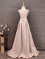 Elegant Pink A-Line Sleeveless Crew Neck Lace Rhinestone Brocade Satin Long Prom Dress Evening Dress