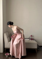 Elegant Pink A-Line Square Neck Strap Satin Long Prom Dress Evening Dress