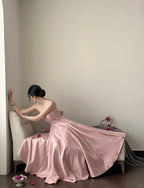Elegant Pink A-Line Square Neck Strap Satin Long Prom Dress Evening Dress