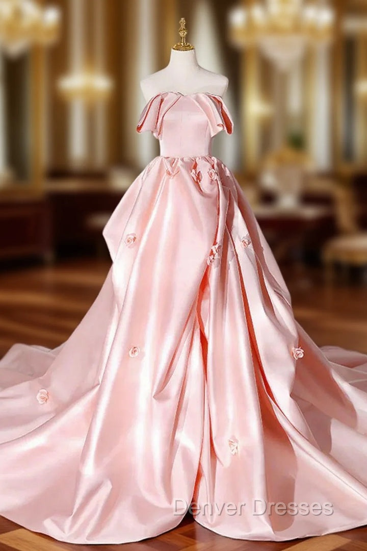 Elegant Pink A Line Strapless Appliques Satin Evening Dress Prom Dress Main image