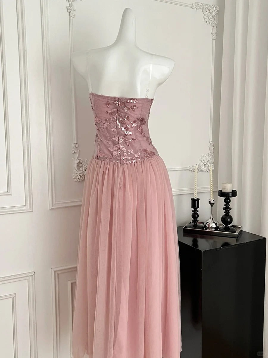 Elegant Pink A-Line Tube Top Sequined Tulle Long Prom Dress Evening Dress Bridesmaid Dress