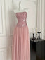 Elegant Pink A-Line Tube Top Sequined Tulle Long Prom Dress Evening Dress Bridesmaid Dress