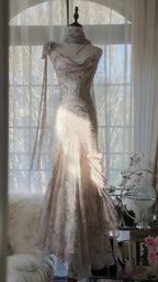 Elegant Pink Chiffon Lotus Beaded Mermaid Long Prom Dress