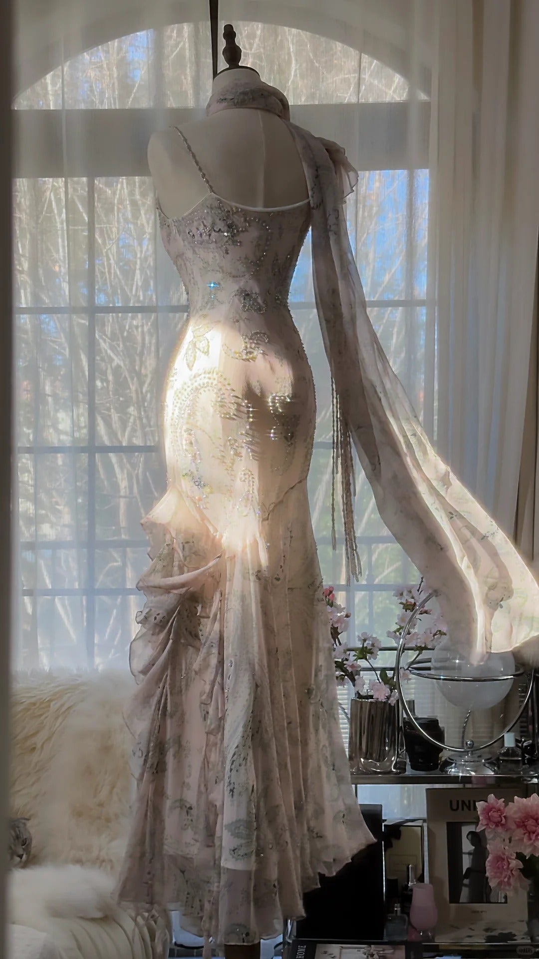 Elegant Pink Chiffon Lotus Beaded Mermaid Long Prom Dress
