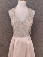 Elegant Pink Halter Neck V-Neck Rhinestone Lace Satin Long Prom Dress Evening Dress