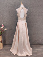 Elegant Pink Halter Neck V-Neck Rhinestone Lace Satin Long Prom Dress Evening Dress