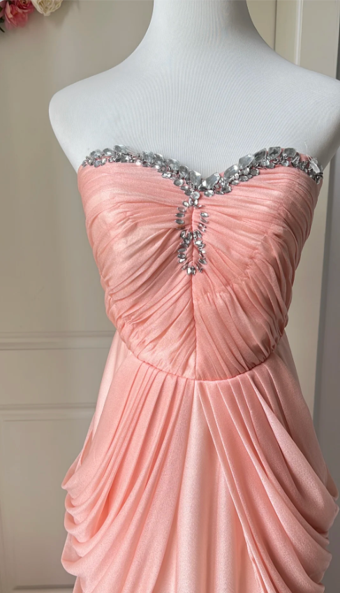 Elegant Pink Heart Neckline Rhinestone Chiffon Long Prom Dress Evening Dress