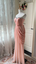 Elegant Pink Heart Neckline Rhinestone Chiffon Long Prom Dress Evening Dress