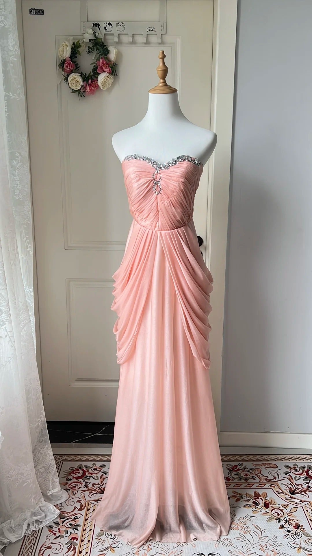Elegant Pink Heart Neckline Rhinestone Chiffon Long Prom Dress Evening Dress Main image