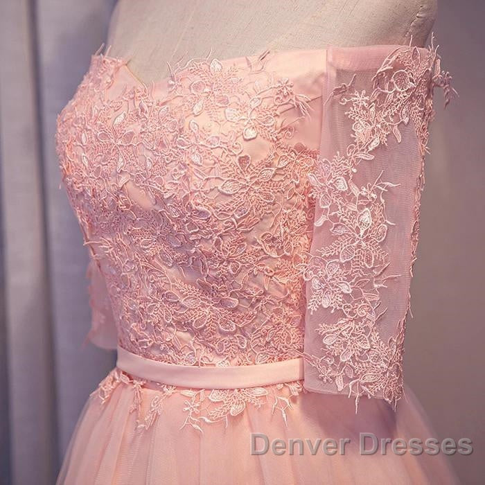 Elegant Pink Lace Appliques Off The Shoulder Tulle Bridesmaid Dress Short Secondary image