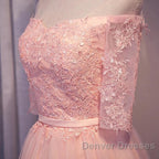Elegant Pink Lace Appliques Off The Shoulder Tulle Bridesmaid Dress Short