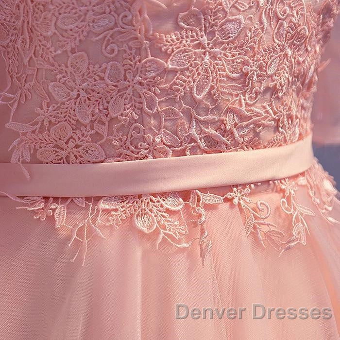 Elegant Pink Lace Appliques Off The Shoulder Tulle Bridesmaid Dress Short