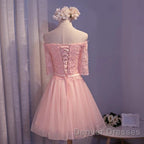Elegant Pink Lace Appliques Off The Shoulder Tulle Bridesmaid Dress Short