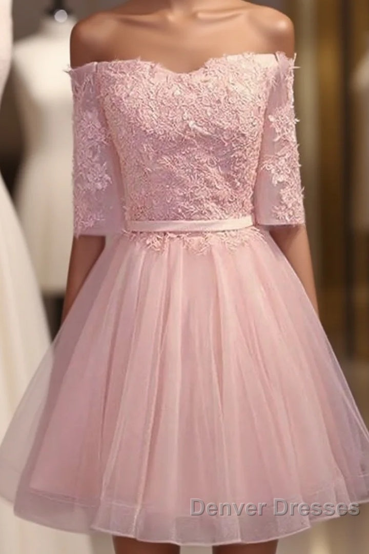 Elegant Pink Lace Appliques Off The Shoulder Tulle Bridesmaid Dress Short Main image