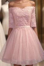 Elegant Pink Lace Appliques Off The Shoulder Tulle Bridesmaid Dress Short