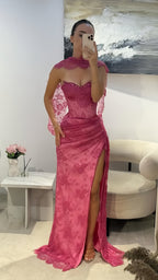 Elegant Pink Lace Mermaid Prom Dress Long Evening Party Dress With Slit,