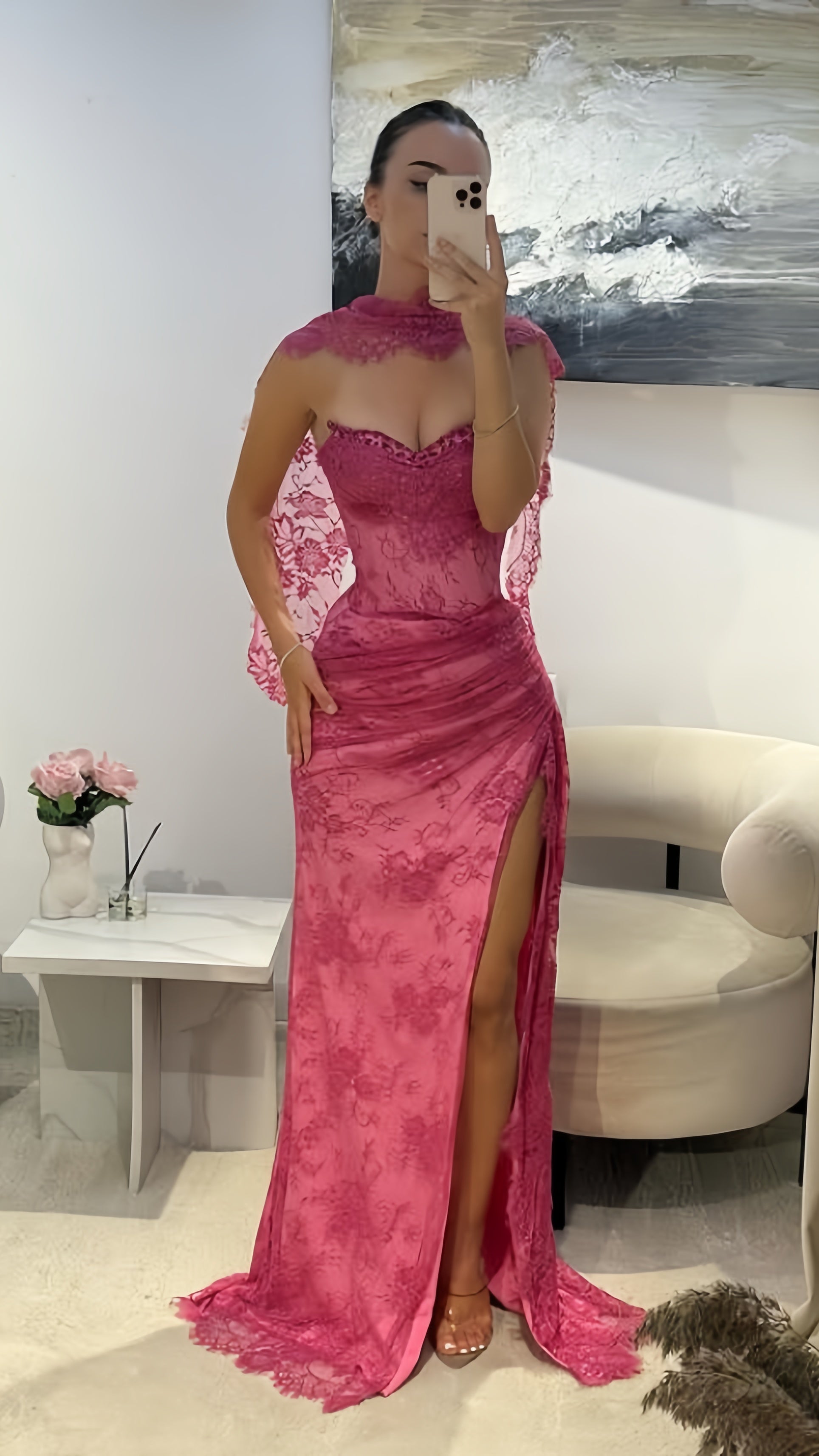 Elegant Pink Lace Mermaid Prom Dress Long Evening Party Dress With Slit,