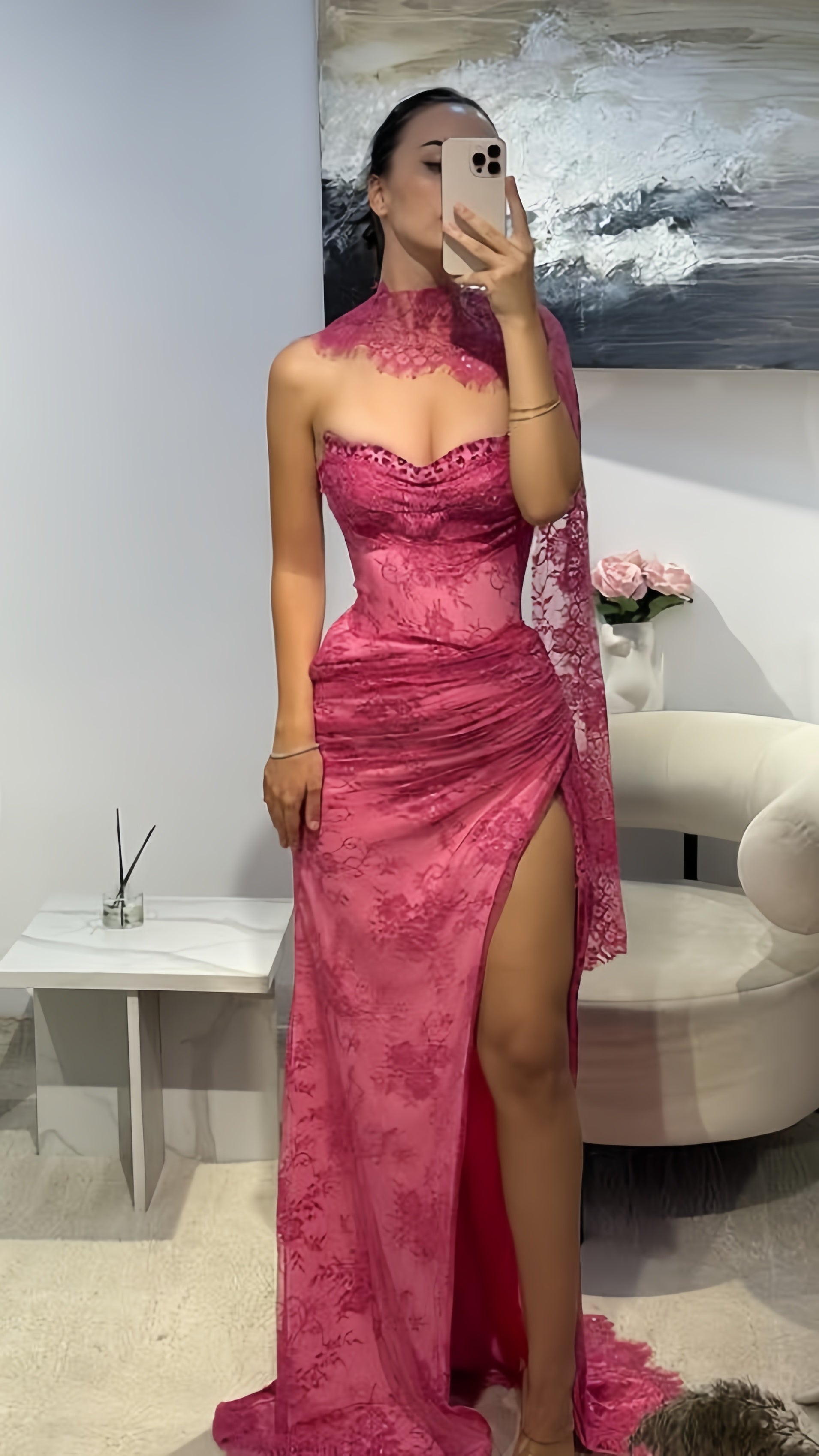 Elegant Pink Lace Mermaid Prom Dress Long Evening Party Dress With Slit,