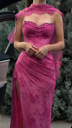 Elegant Pink Lace Mermaid Prom Dress Long Evening Party Dress With Slit,
