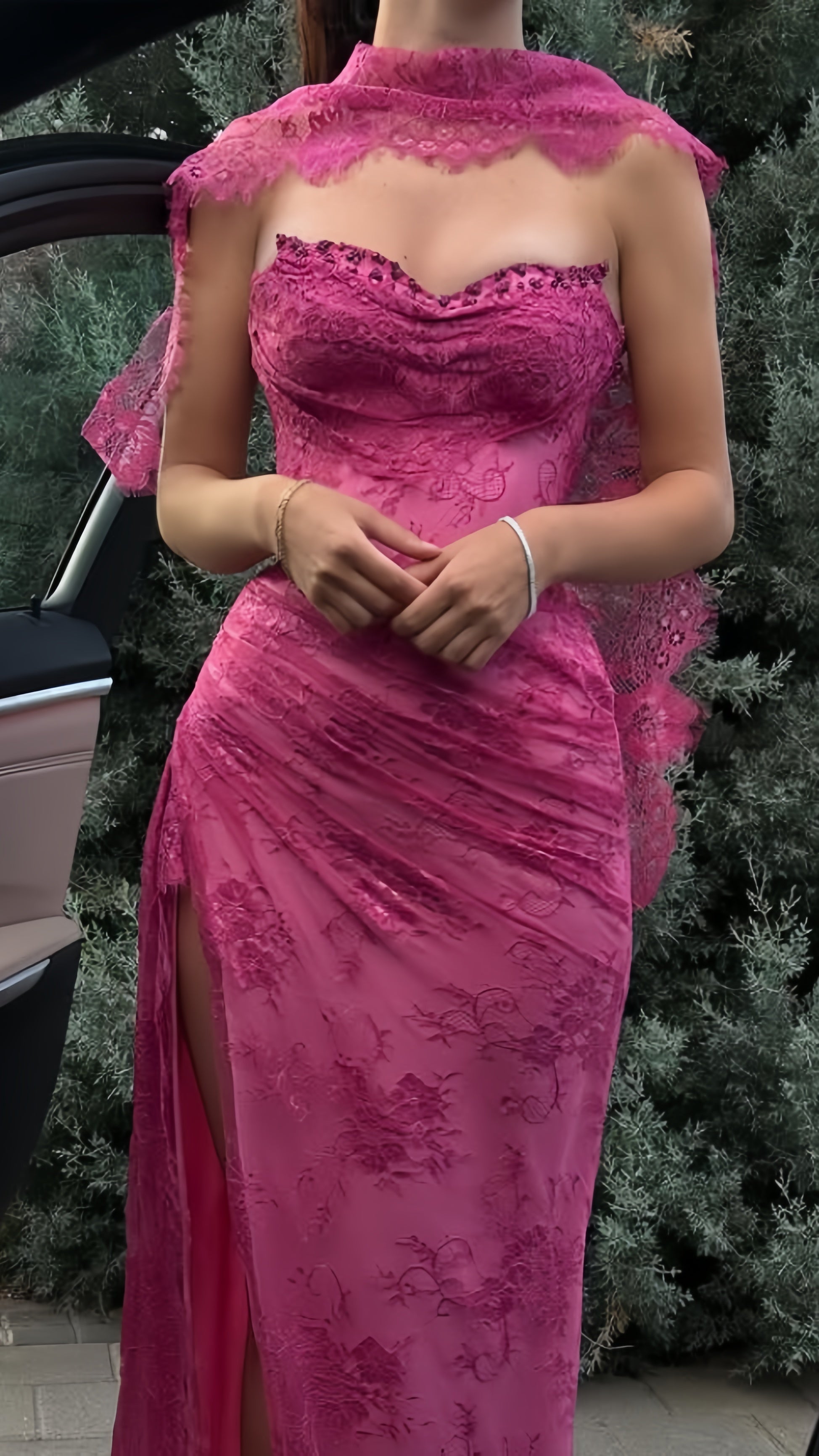 Elegant Pink Lace Mermaid Prom Dress Long Evening Party Dress With Slit,