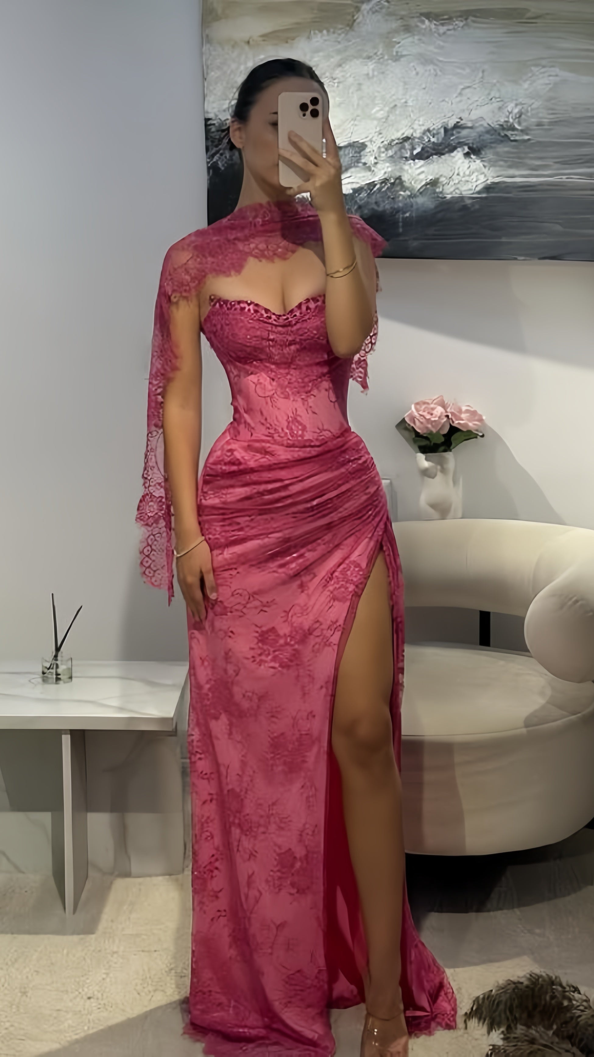 Elegant Pink Lace Mermaid Prom Dress Long Evening Party Dress With Slit,