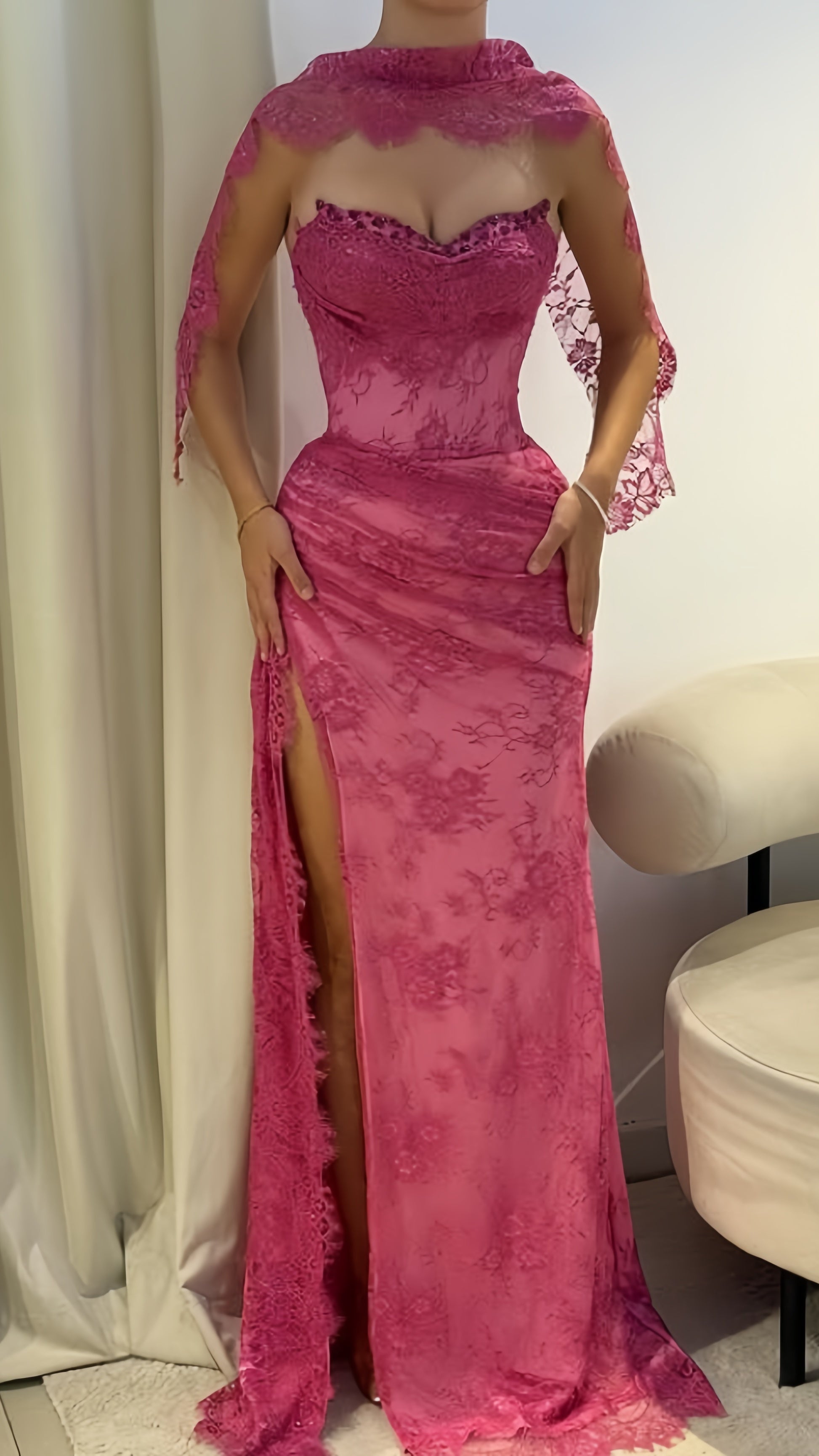 Elegant Pink Lace Mermaid Prom Dress Long Evening Party Dress With Slit, Main image
